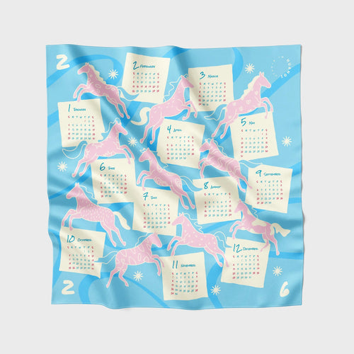🩵 馬年年曆絲巾- 藍色 |Year of the Horse Calendar Scarf - Blue HUANGS STUDIO